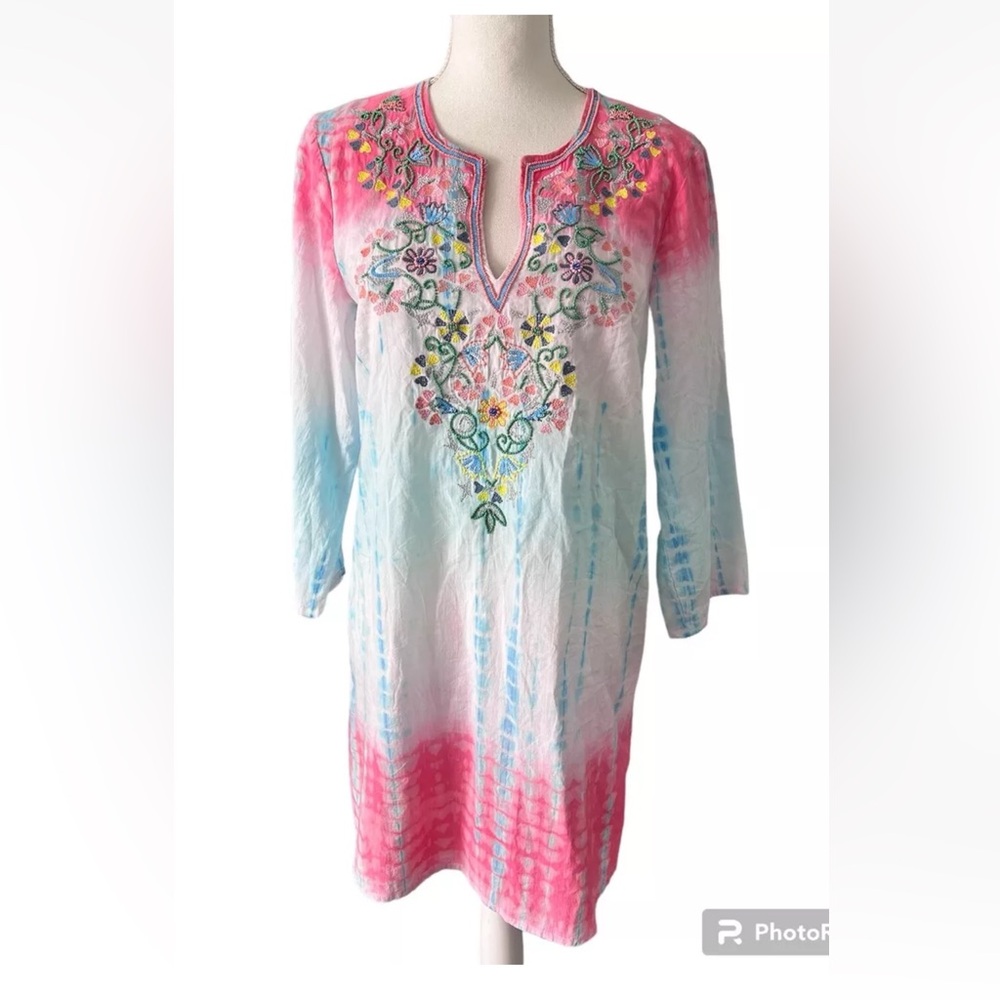 Sundance Dreaming in Color Women's Tunic Cover up Tie Dye Beaded Size M